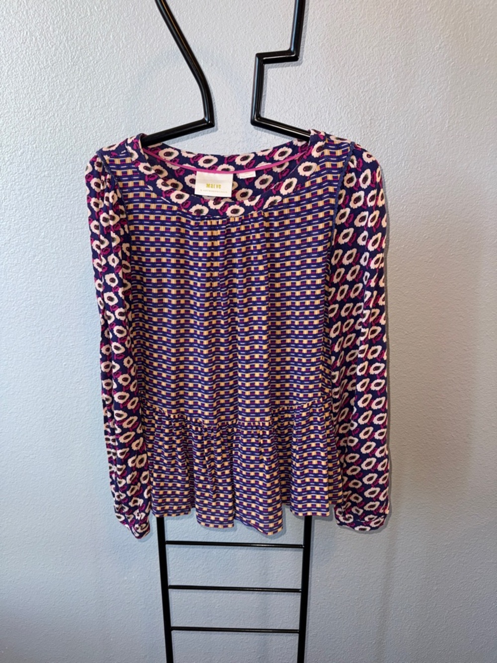 Maeve Purple and Pink Patterned Peplum Long-Sleeve Top